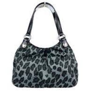 CoachBlack and grey leopard patent leather satin purse bag silver hardware